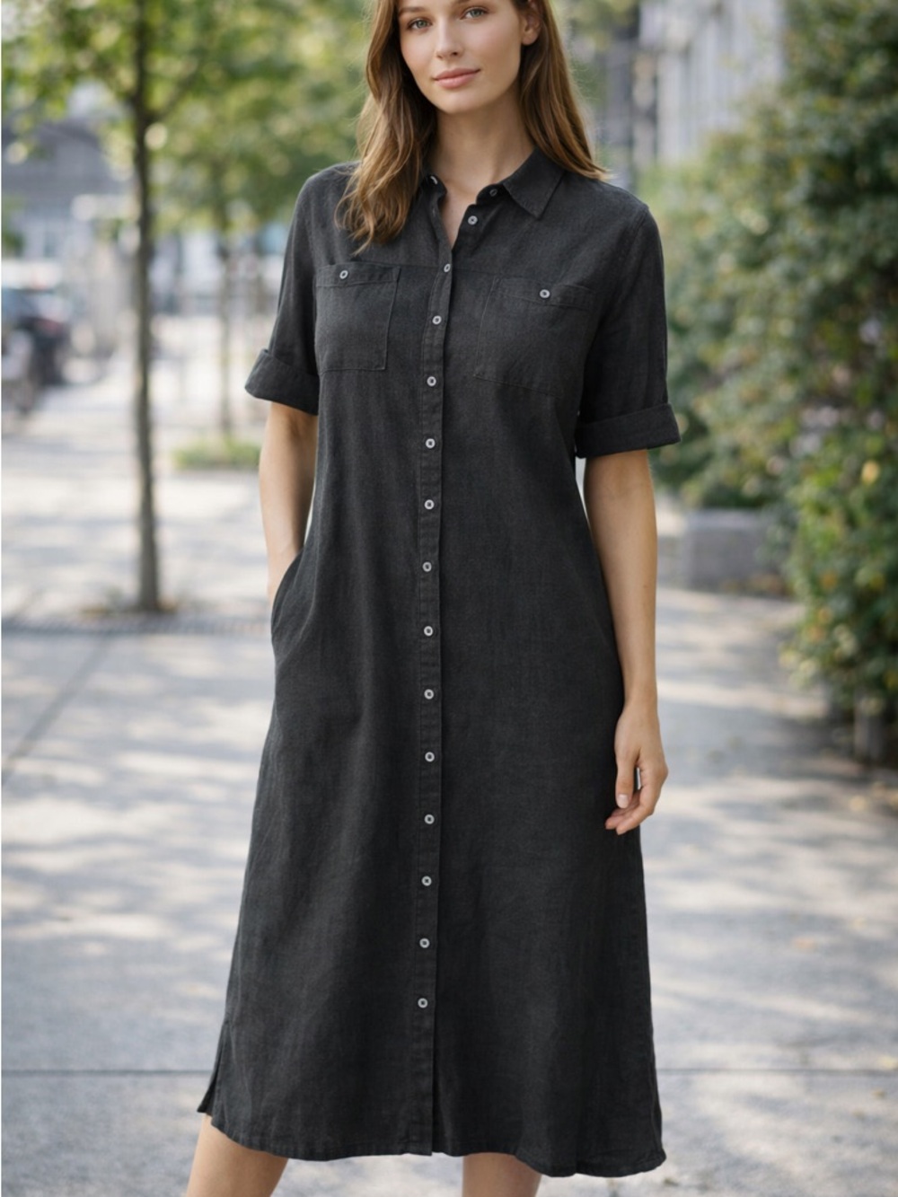 Black Button-Front Maxi Shirt Dress